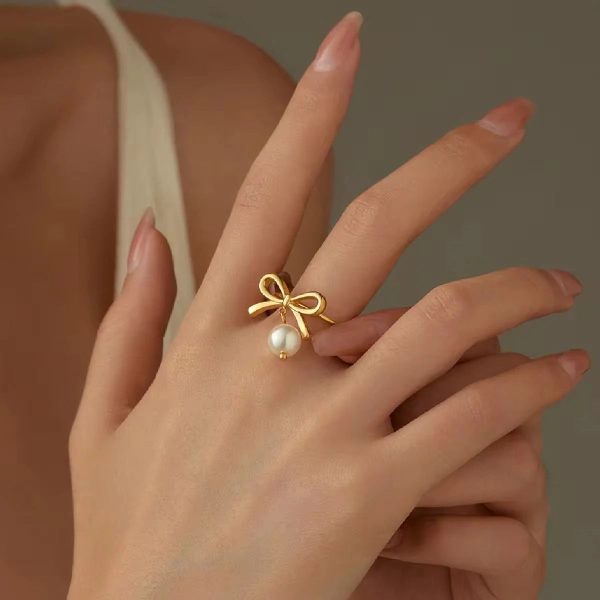 Forever Bow Pearl Charm Ring – Adjustable Size