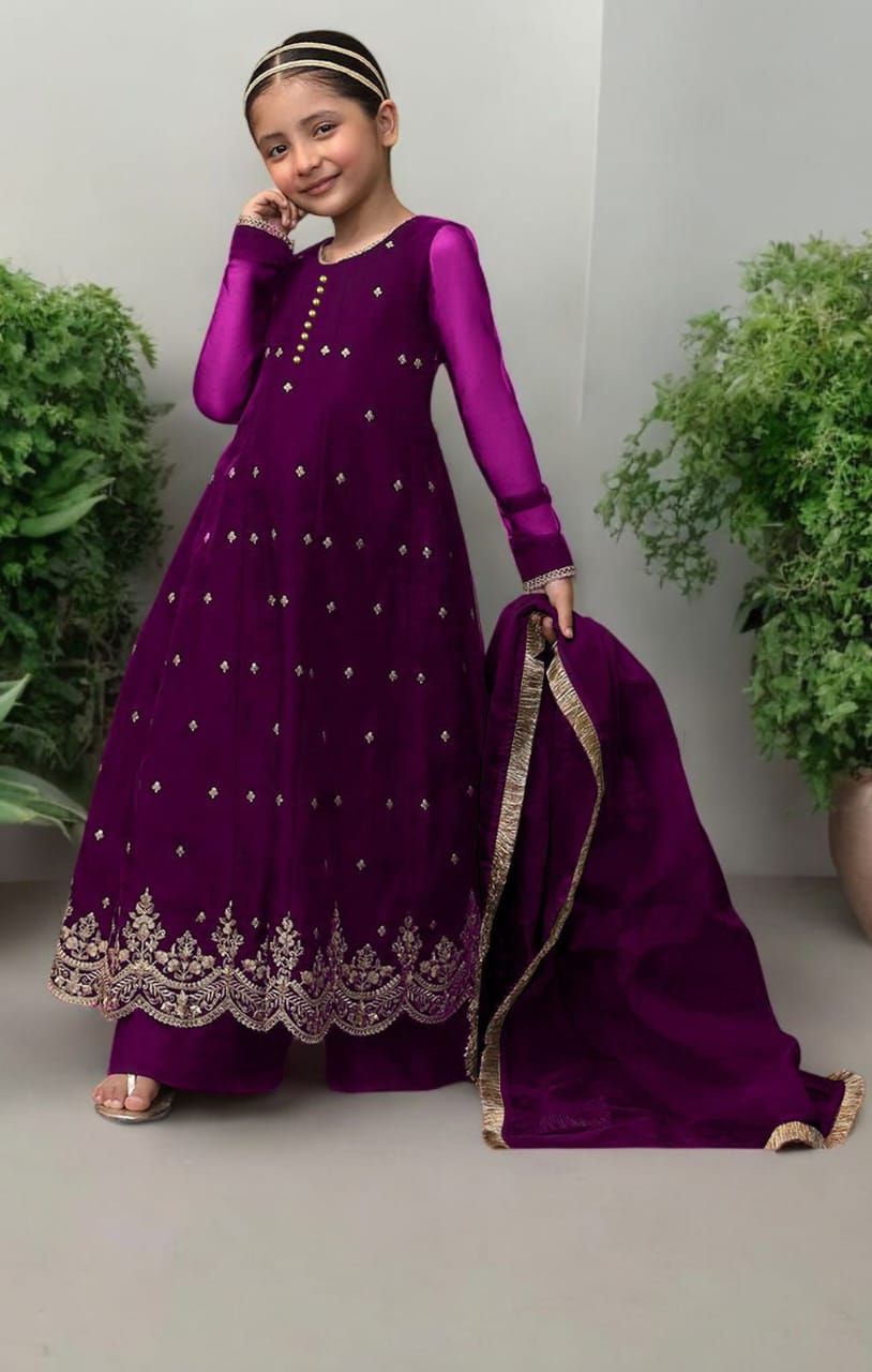 WhatsApp Image 2025-11-05 at 3.53.25 PM (1) Kids Embroidered Maxi 3 Piece Dress - Image 1