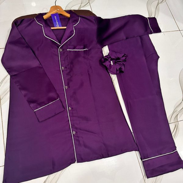 Piping Work Night Wear Suit – 3Pcs (Shirt, Trouser & Scrunch)