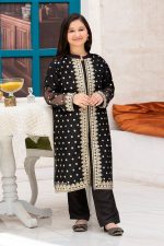 Front Sleeves Allover Embroidery Gown With Inner & Trouser – Kids 3Pcs Set - Image 5