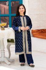 Front Sleeves Allover Embroidery Gown With Inner & Trouser – Kids 3Pcs Set - Image 4