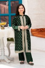 Front Sleeves Allover Embroidery Gown With Inner & Trouser – Kids 3Pcs Set