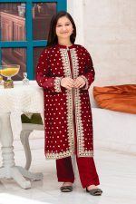 Front Sleeves Allover Embroidery Gown With Inner & Trouser – Kids 3Pcs Set - Image 2